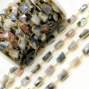 Coated Multi Moonstone Organic Shape Bezel Gold Plated Wire Chain